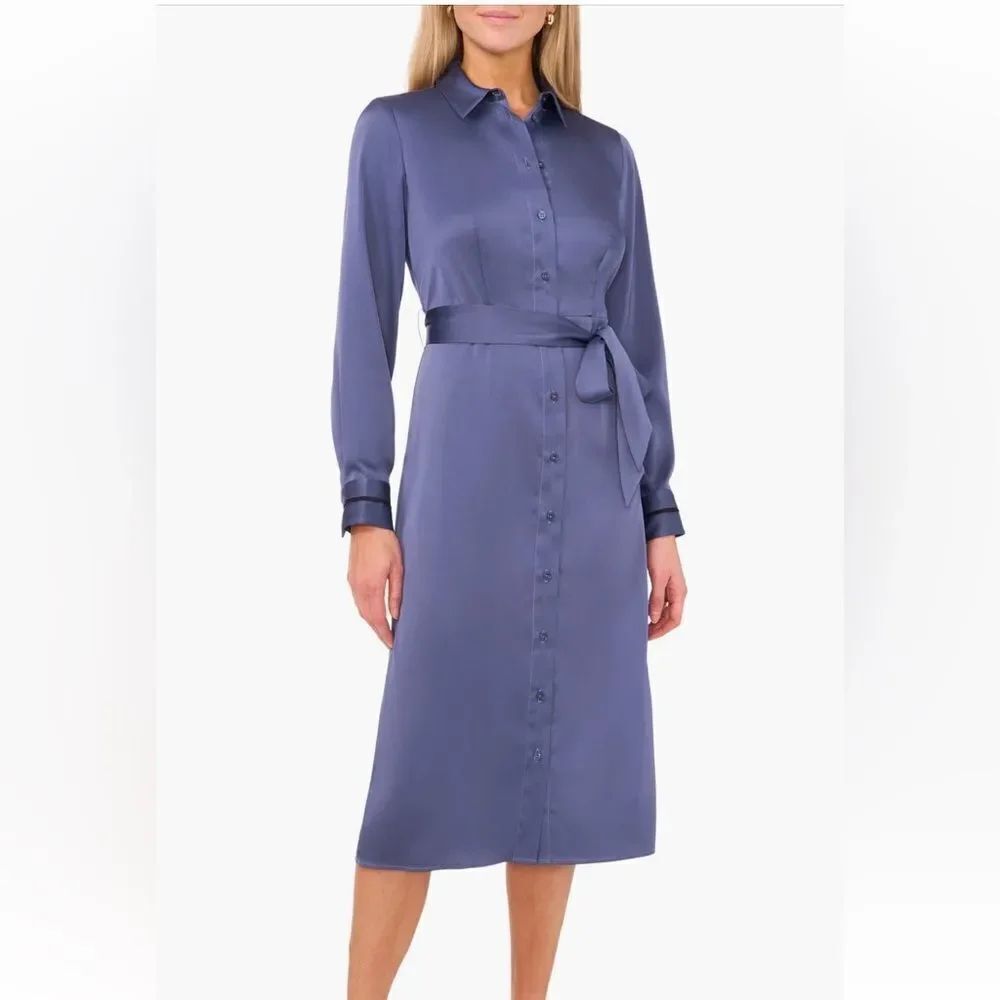 Halogen Long Sleeve Satin Belted Midi Shirtdress